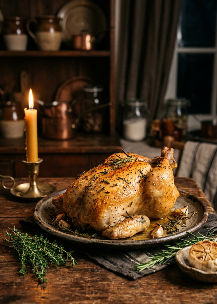 A golden-brown whole roasted chicken seasoned with fresh herbs sits on a rustic ceramic plate on a dark wooden table