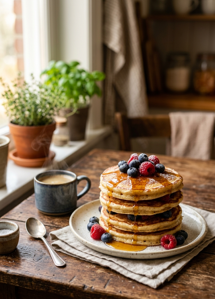 A rustic stack of four fluffy pancakes topped with fresh blueberries, raspberries, a dusting of powdered sugar, and drizzled maple syrup on a dark wooden table next to a blue coffee mug