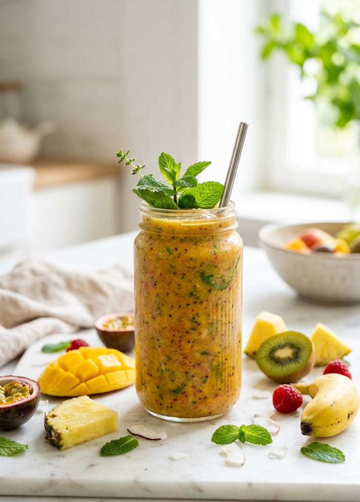 A vibrant tropical fruit smoothie in a tall glass mason jar takes center stage on a white marble surface in this bright, fresh photo