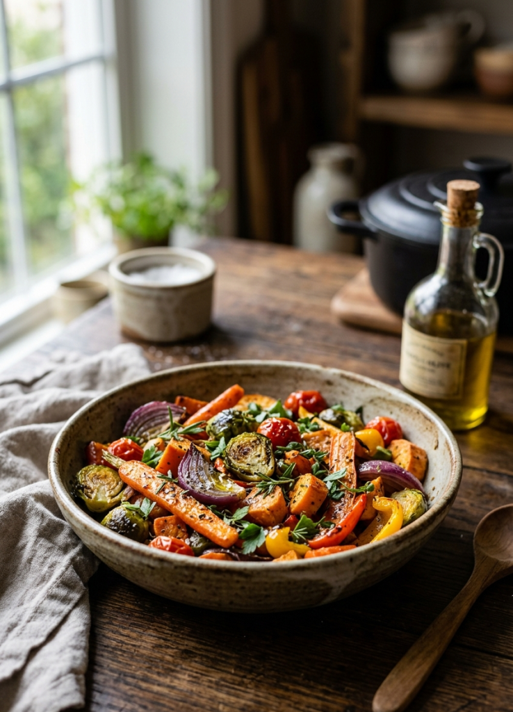 Realistic food photography, portrait vertical 2:3,
fresh roasted vegetables in rustic ceramic bowl,
olive oil drizzle and fresh herbs on top,
dark wooden table, soft natural lighting,
cozy kitchen atmosphere,
4k, no text, no watermark, --ar 2:3 --v 6