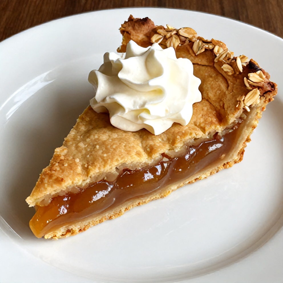 Sliced burnt honey pie with flaky oat crust on a plate