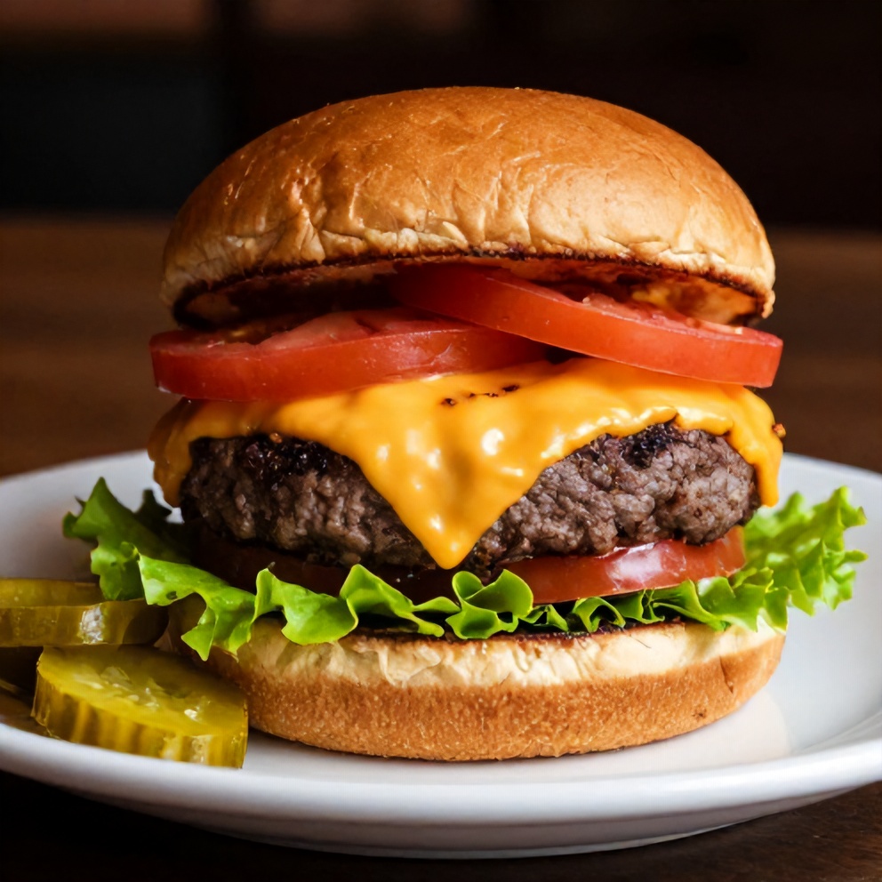 Plated cheddar jalapeño burger with lettuce, tomato, and pickles