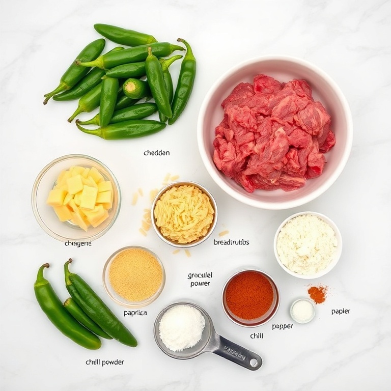 Raw ingredients for cheddar jalapeño burgers: ground beef, jalapeños, cheddar cheese, etc.