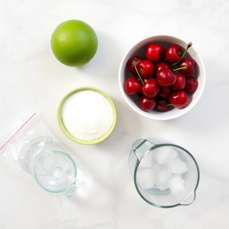Ingredients for Cherry Limeade: cherries, limes, sugar, water, ice