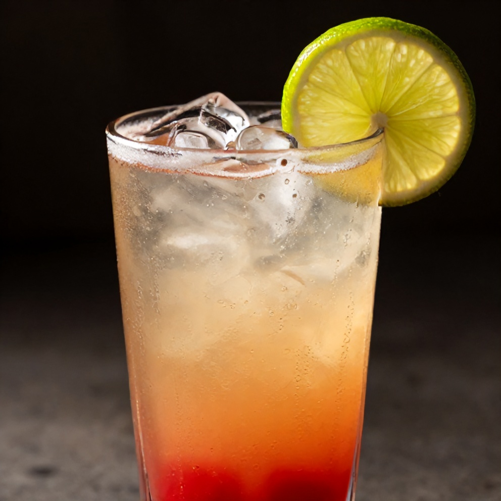 Cherry limeade in a glass with ice and a lime wheel garnish