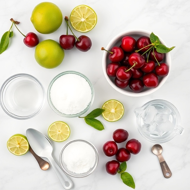 Ingredients for cherry limeade: cherries, limes, sugar, water, ice
