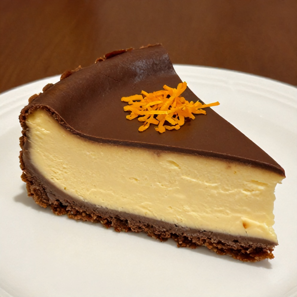A slice of creamy chocolate orange cheesecake on a white plate, garnished with orange zest