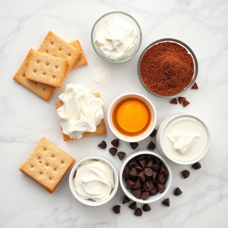 Graham crackers, cream cheese, sugar, eggs, orange zest, cocoa powder, heavy cream, and chocolate chips arranged on a marble surface