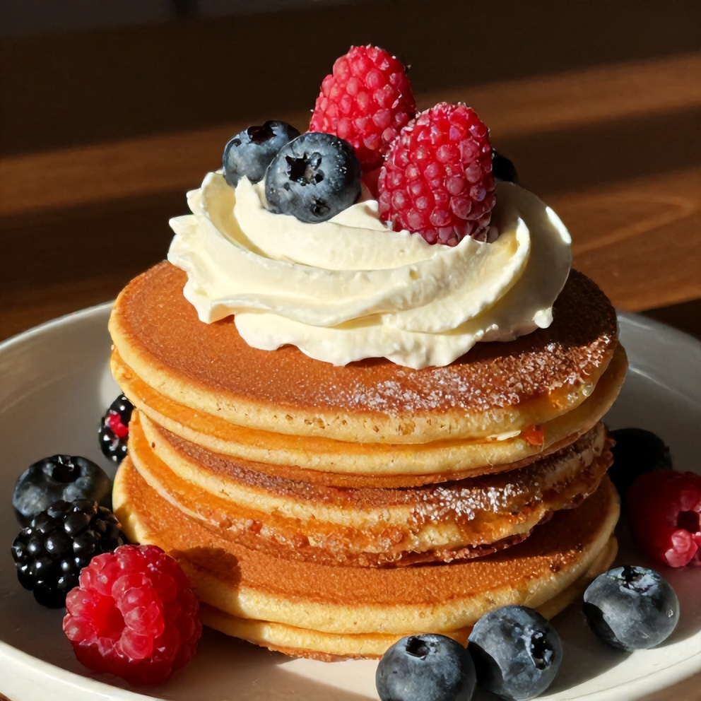 Plated cinnamon sugar churro pancakes with whipped cream and fresh berries