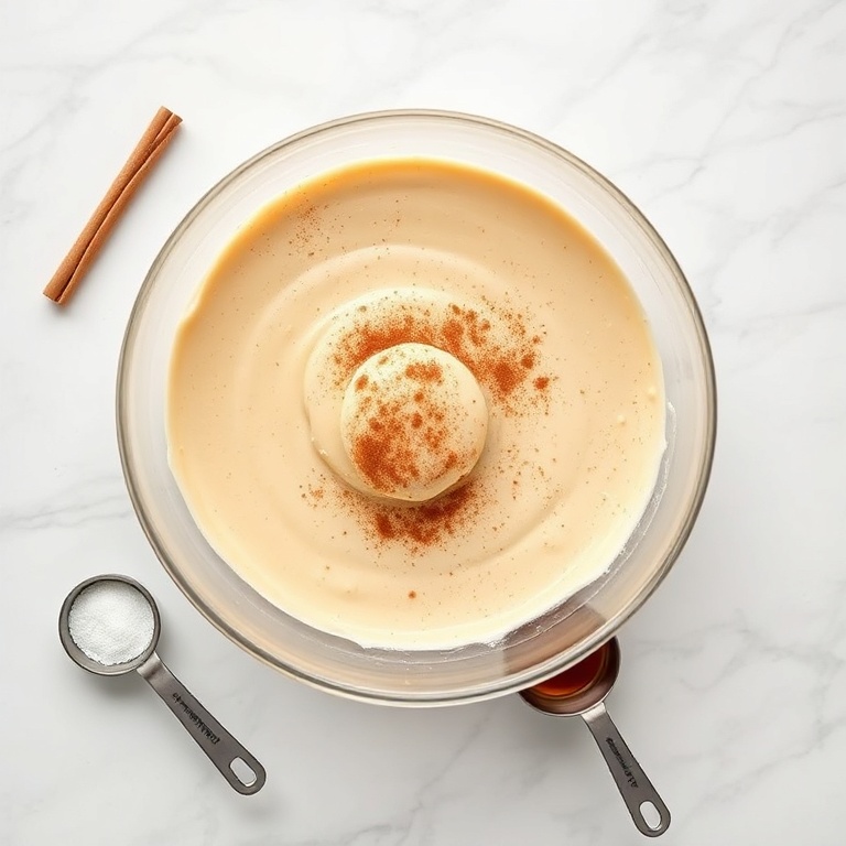 Raw ingredients for cinnamon sugar churro pancakes on a marble surface