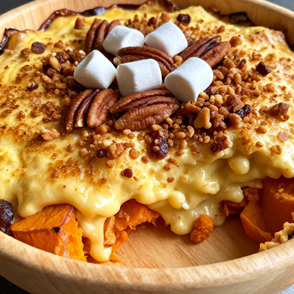 Sweet potato casserole plated with pecan topping