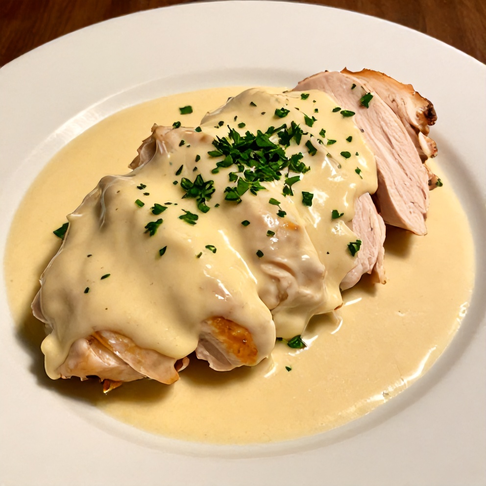 Plated Creamy Boursin Chicken with parsley garnish
