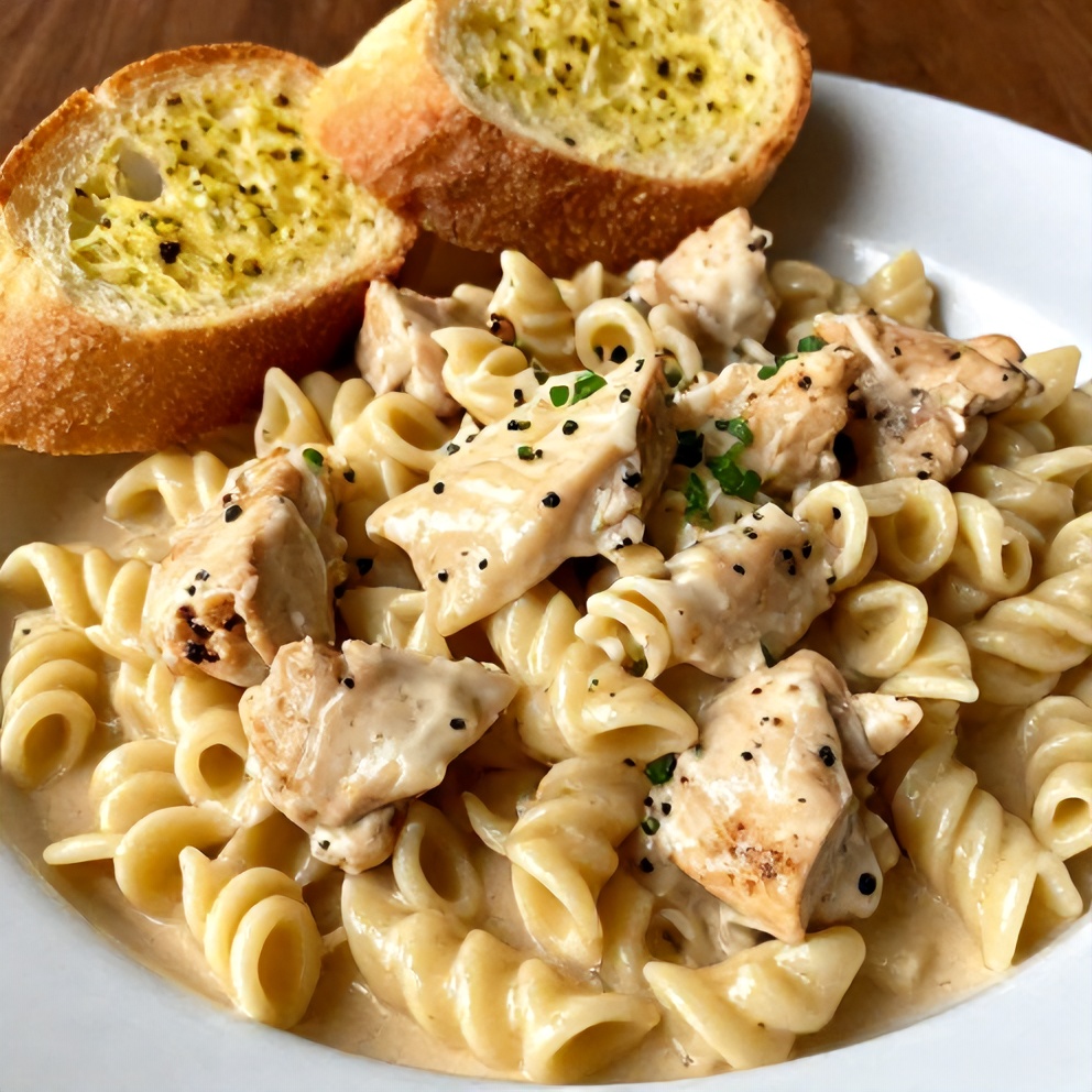 Plated creamy Cajun chicken pasta with garlic bread