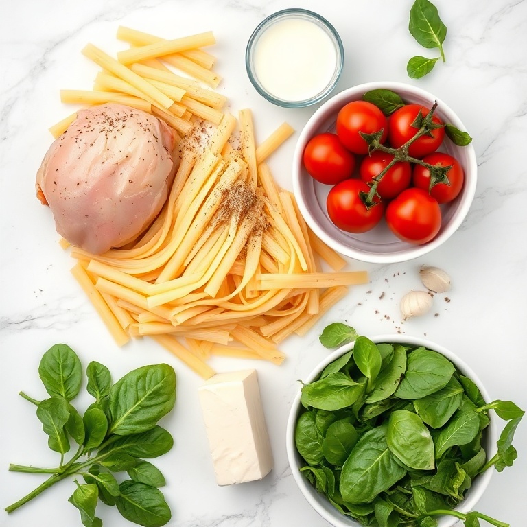 Raw ingredients for creamy Cajun chicken pasta: chicken, pasta, cream, Cajun seasoning, spinach, tomatoes, garlic, butter, heavy cream