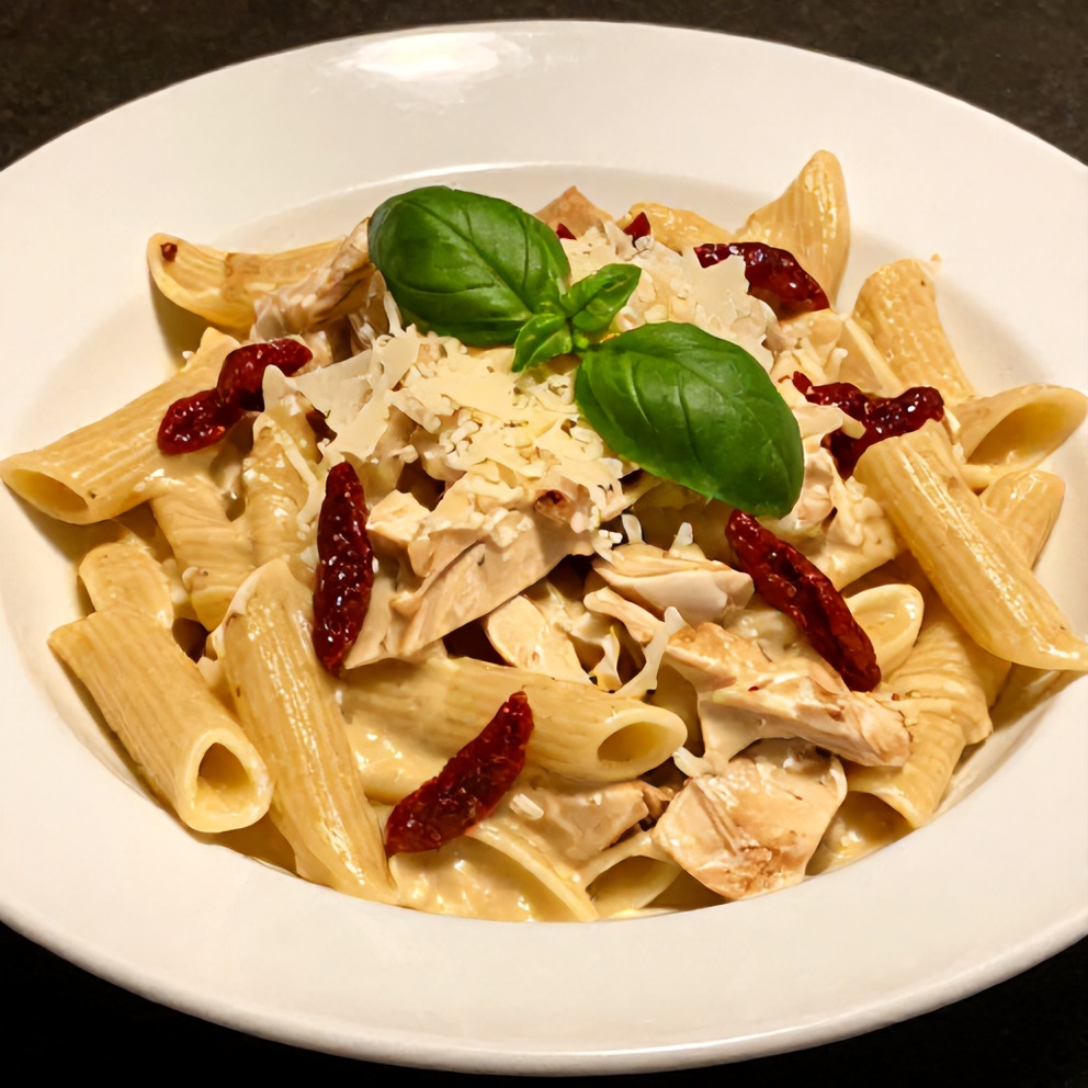 Plated Creamy Chicken Pasta with Sun-Dried Tomatoes