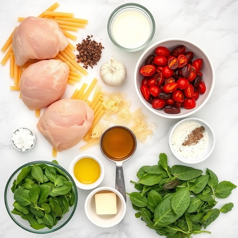 Raw Ingredients for Creamy Chicken Pasta with Sun-Dried Tomatoes