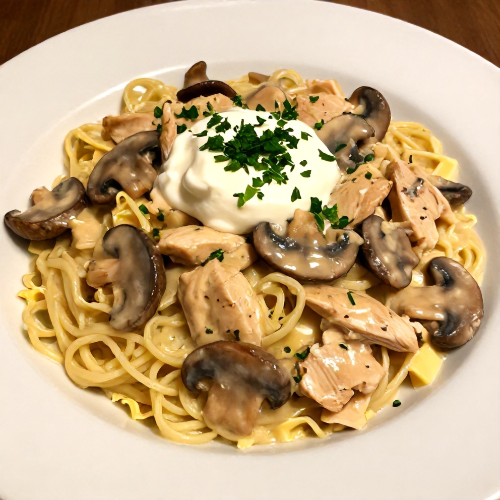 Plated Creamy Chicken Stroganoff with Mushrooms and Egg Noodles