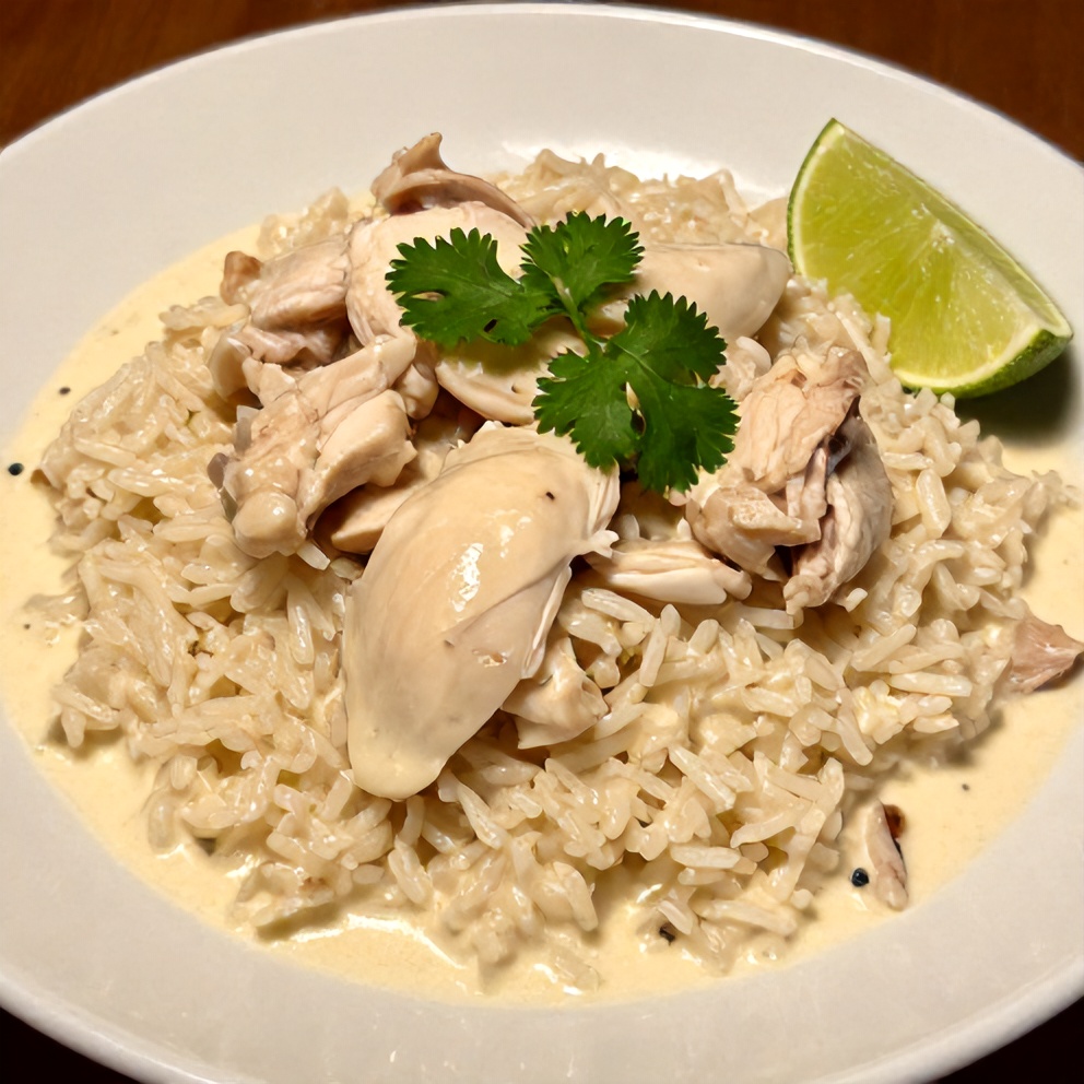 Plated serving of Creamy Coconut Chicken Brothy Rice