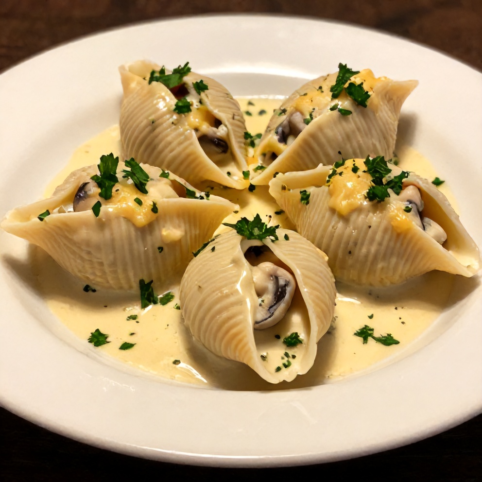Plated creamy garlic mushroom stuffed shells with parsley garnish