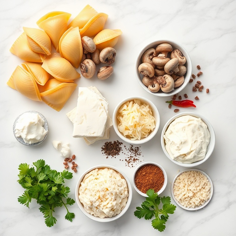 Raw ingredients for creamy garlic mushroom stuffed shells