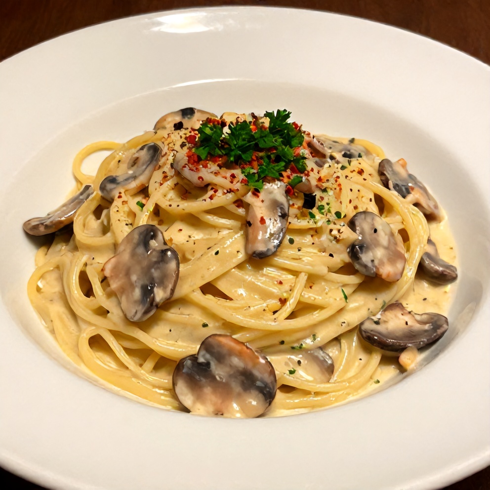 Plated creamy Italian mushroom carbonara with parsley garnish
