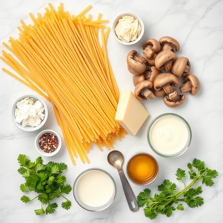 Raw ingredients for creamy Italian mushroom carbonara