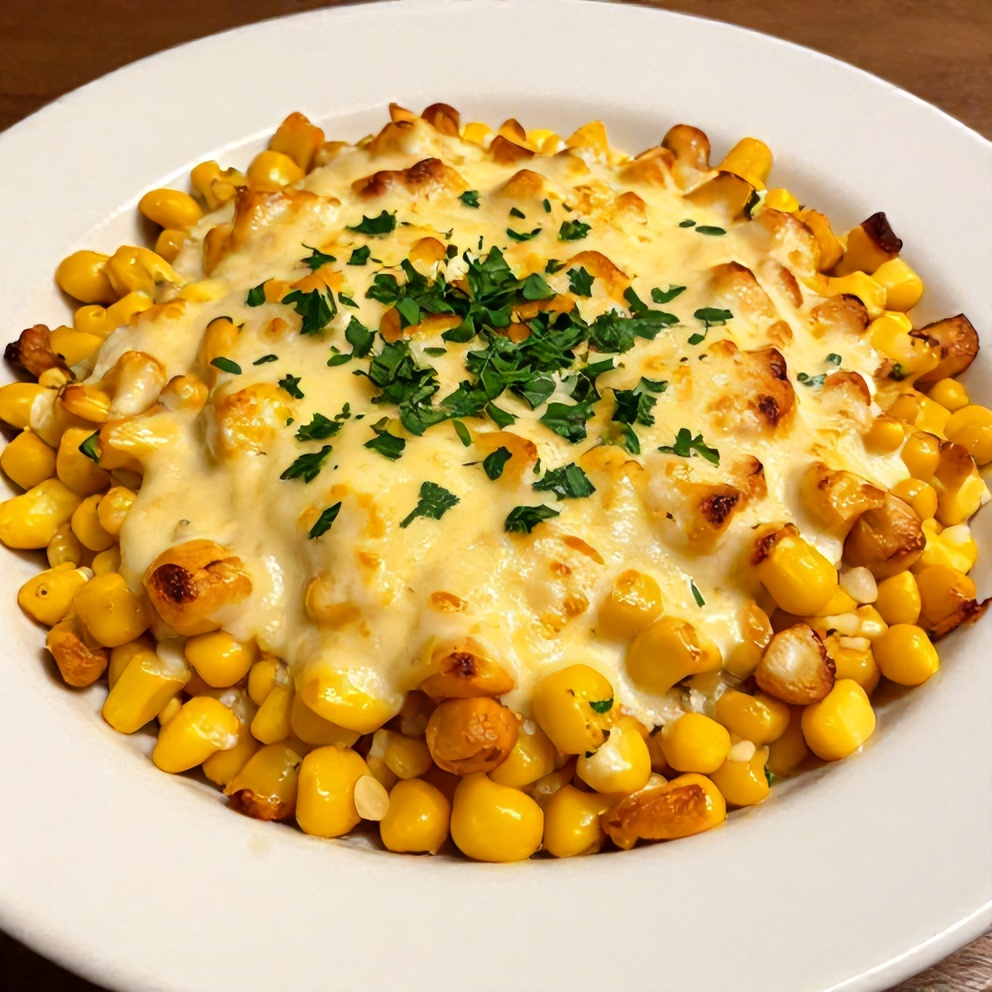 A perfect serving of the finished Jalapeño Popper Corn Casserole plated on a white dish, garnished with fresh parsley, showing the creamy, cheesy texture and crispy edges.