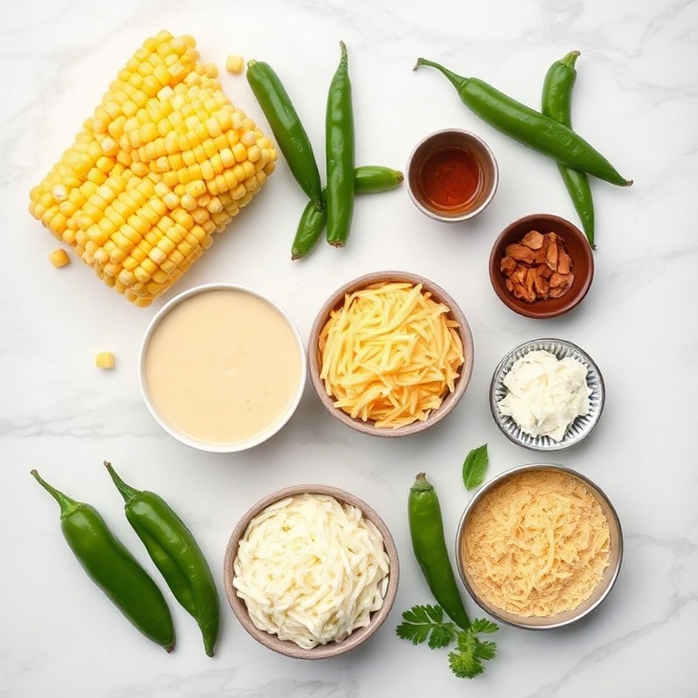 Overhead flat lay of corn, jalapeños, cream of chicken soup, shredded cheese, and other ingredients for the Jalapeño Popper Corn Casserole on a white marble surface.
