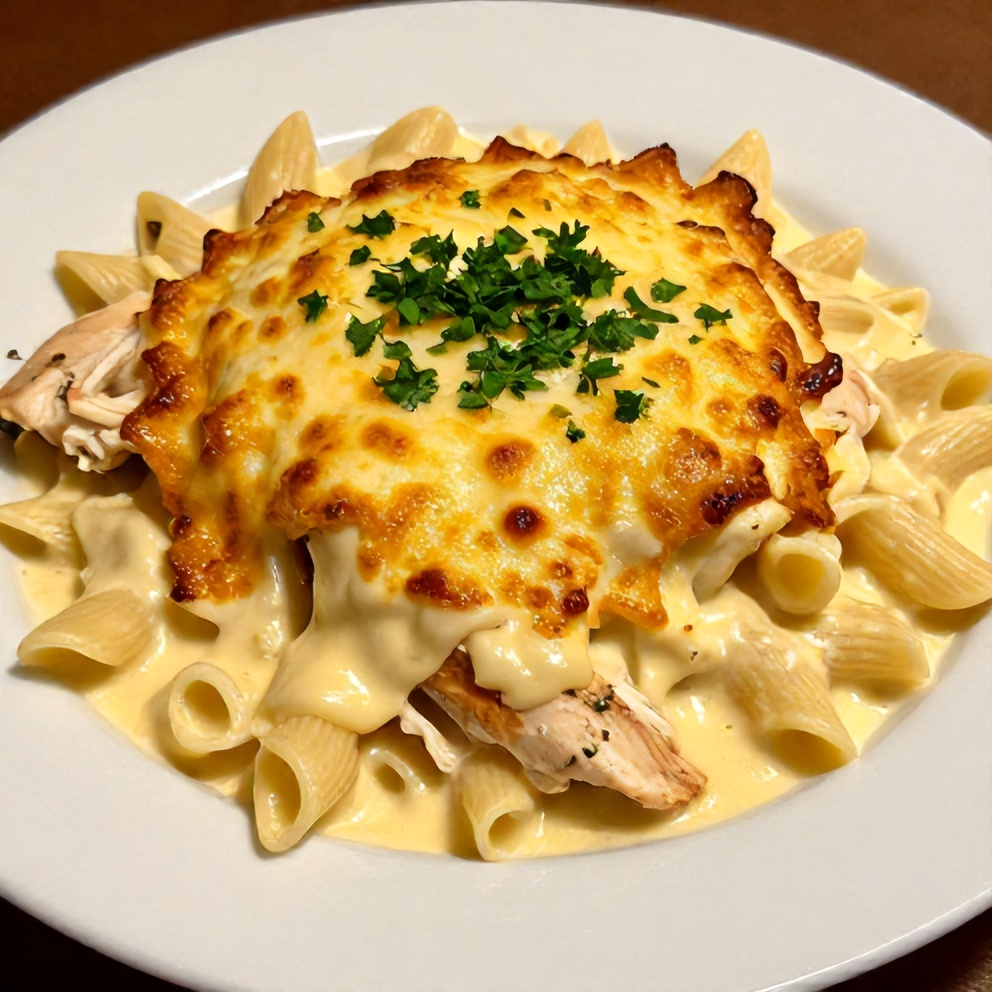 Plated serving of creamy lemon chicken pasta bake