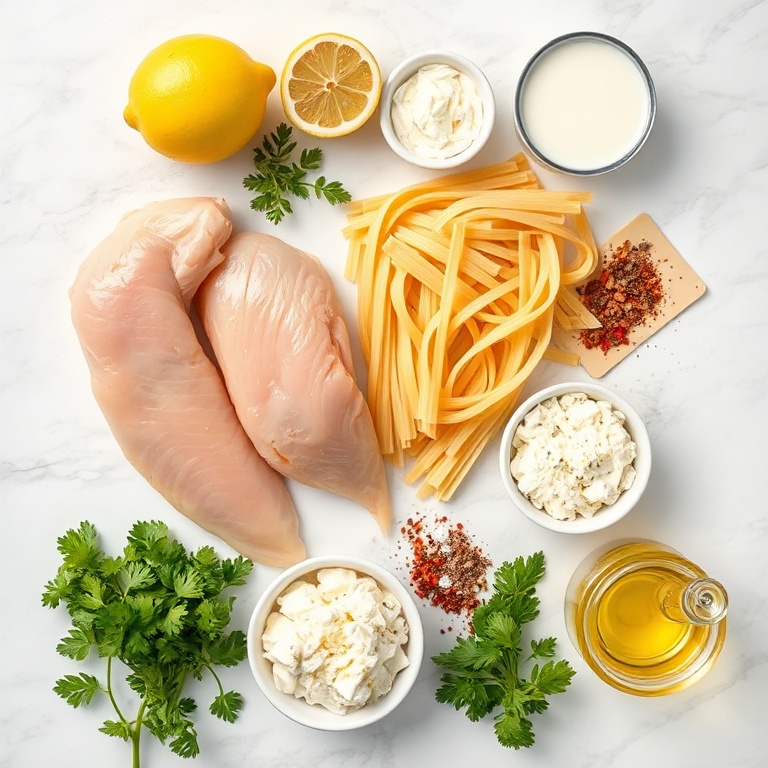 Raw ingredients for creamy lemon chicken pasta bake