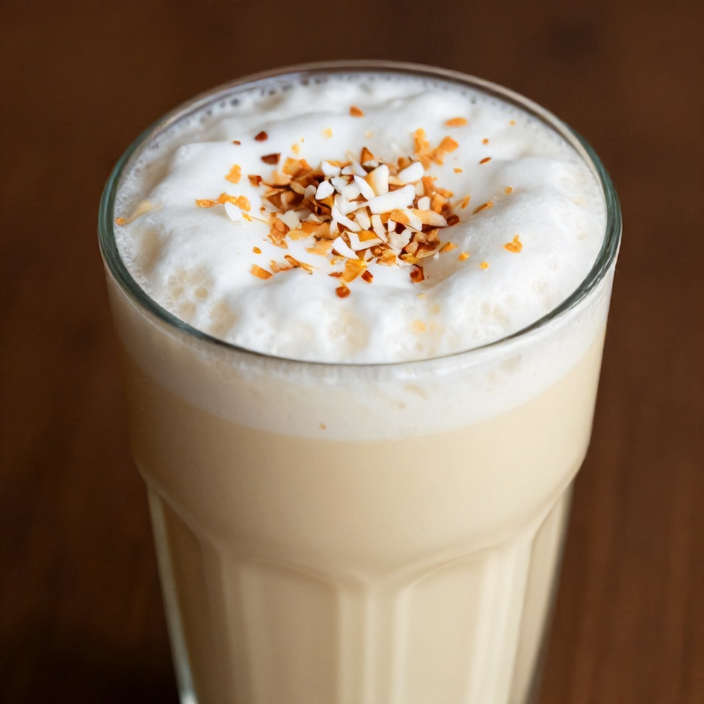 Mango Coconut Protein Shake with a sprinkle of coconut flakes