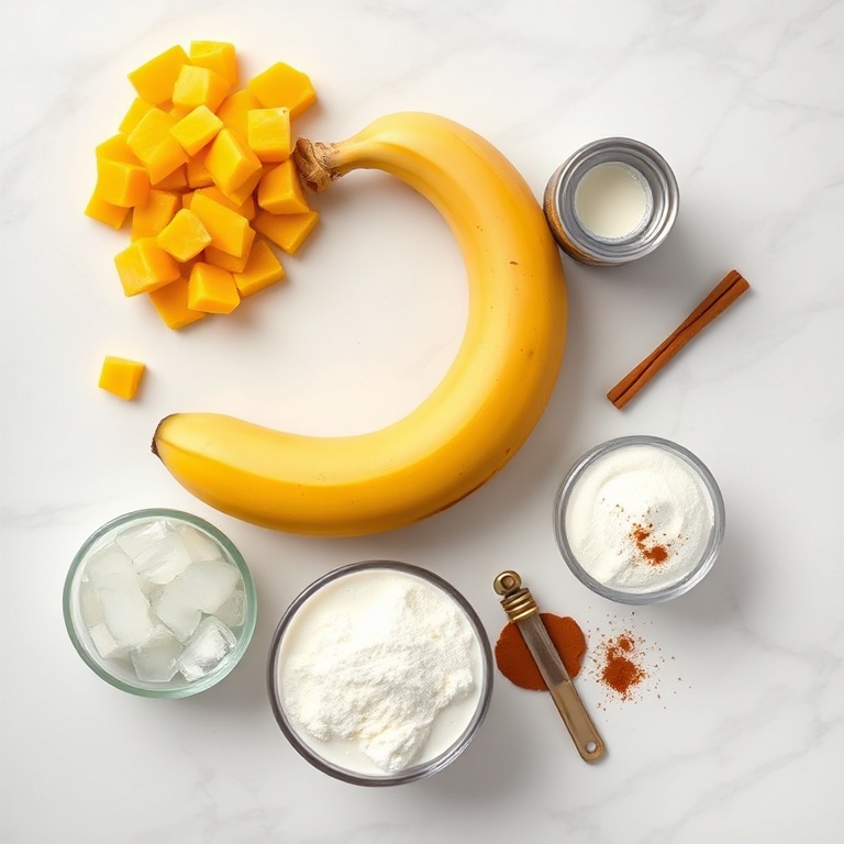 Raw ingredients for Mango Coconut Protein Shake
