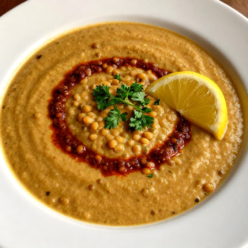 A perfect bowl of Creamy Moroccan Harissa Lentil Soup, garnished with fresh parsley, on a white plate with a warm side light highlighting the texture, in a close crop with food filling 90% of the frame.