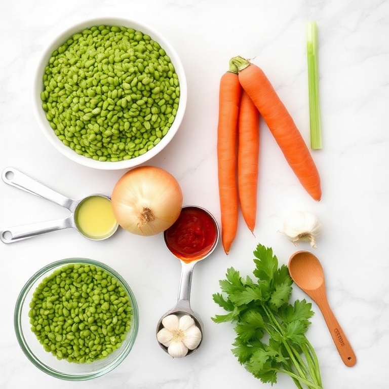 An overhead flat lay of the raw ingredients for Creamy Moroccan Harissa Lentil Soup, featuring lentils, carrots, celery, onions, garlic, and spices, with prep bowls, measuring spoons, and a white marble surface, under bright even light.