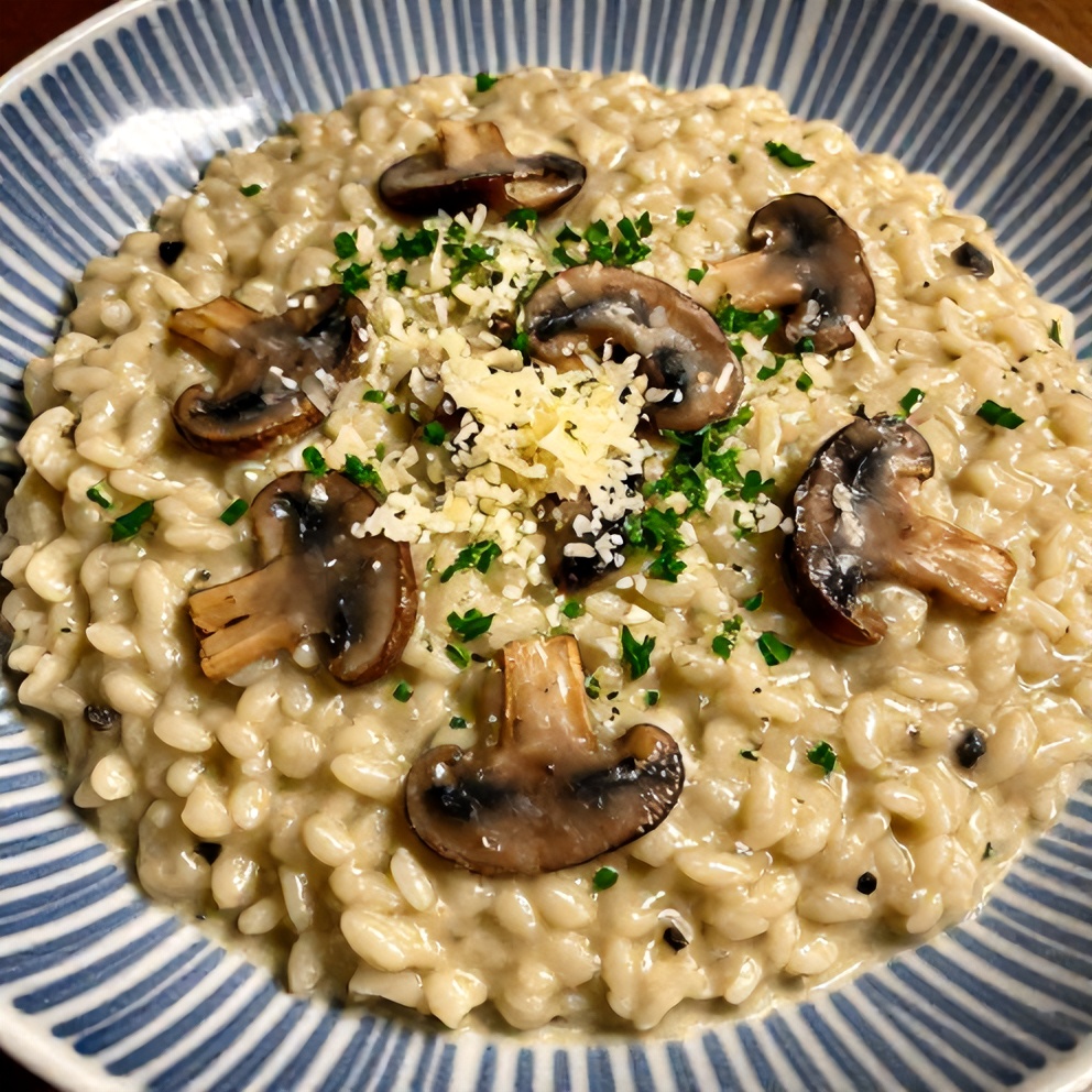 Plate of creamy mushroom risotto with grated parmesan and chopped parsley