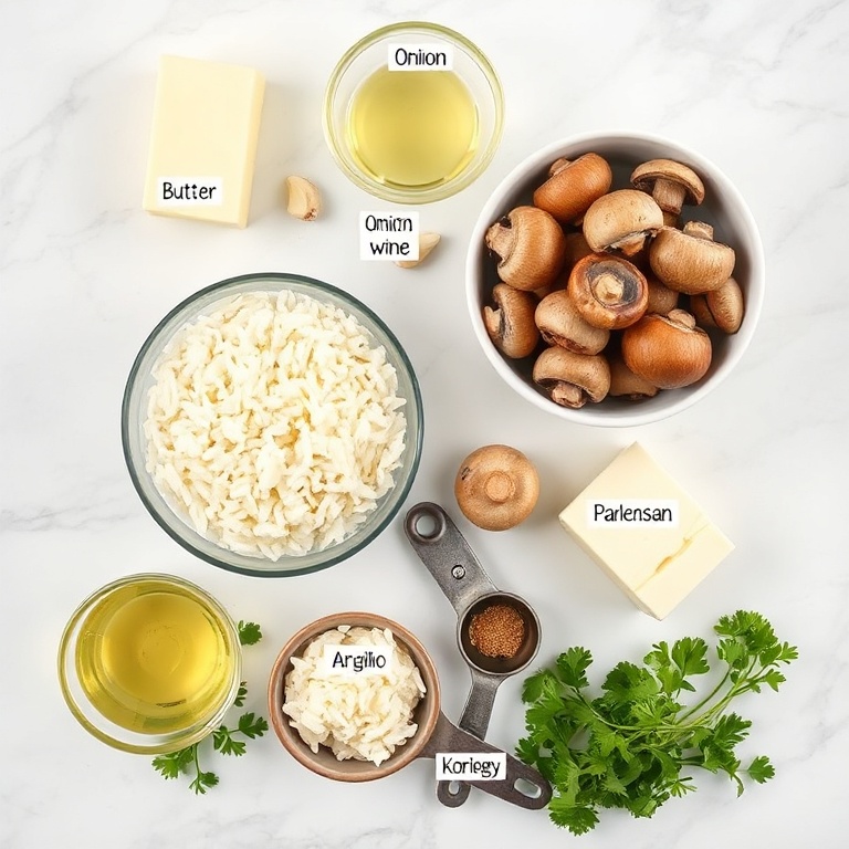 Raw ingredients for creamy mushroom risotto: Arborio rice, butter, onions, garlic, mushrooms, white wine, parmesan cheese, parsley