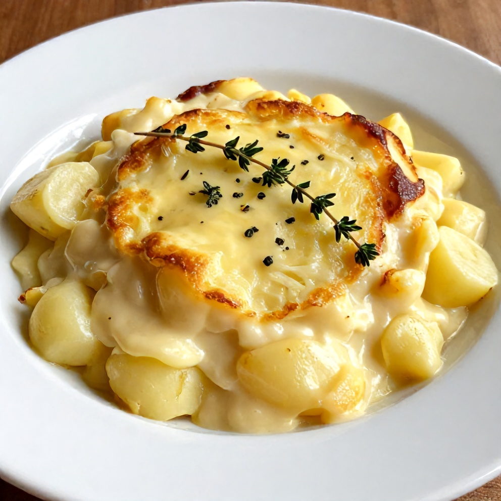 One perfect plated serving of Creamy Potato Gratin on a white plate, garnished with fresh thyme, close crop, warm side lighting showing creamy texture, photorealistic food photography, no text, no watermark.
