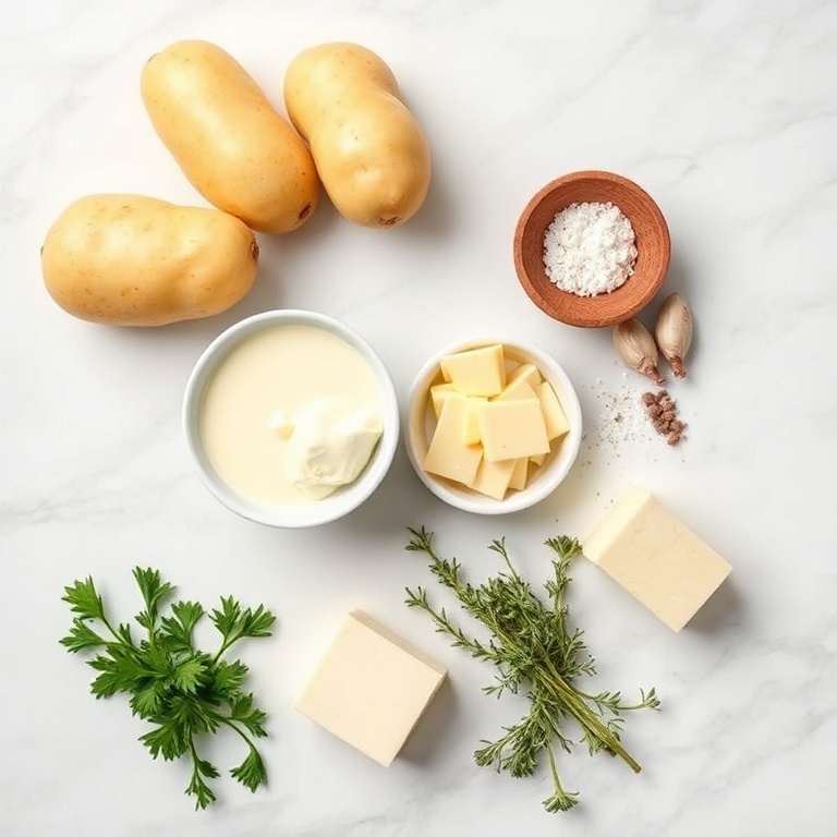 Overhead flat lay of raw ingredients for Creamy Potato Gratin: potatoes, heavy cream, gruyere cheese, garlic, salt, pepper, butter, fresh thyme, white marble surface, bright even light, photorealistic overhead food photography, no text, no watermark.