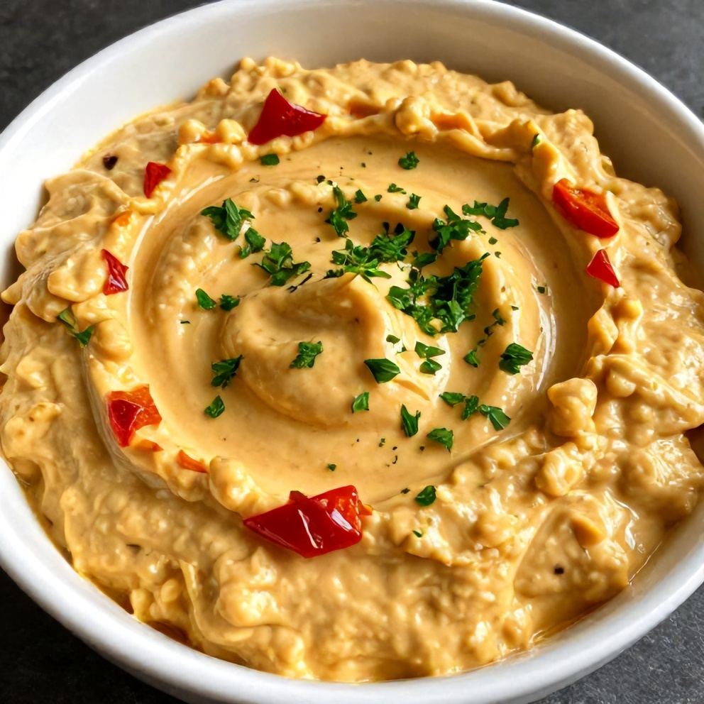 Creamy Roasted Red Pepper and Garlic Dip served in a bowl with pita chips
