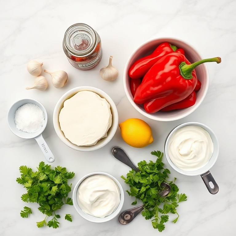 Raw ingredients for Creamy Roasted Red Pepper and Garlic Dip on a marble surface