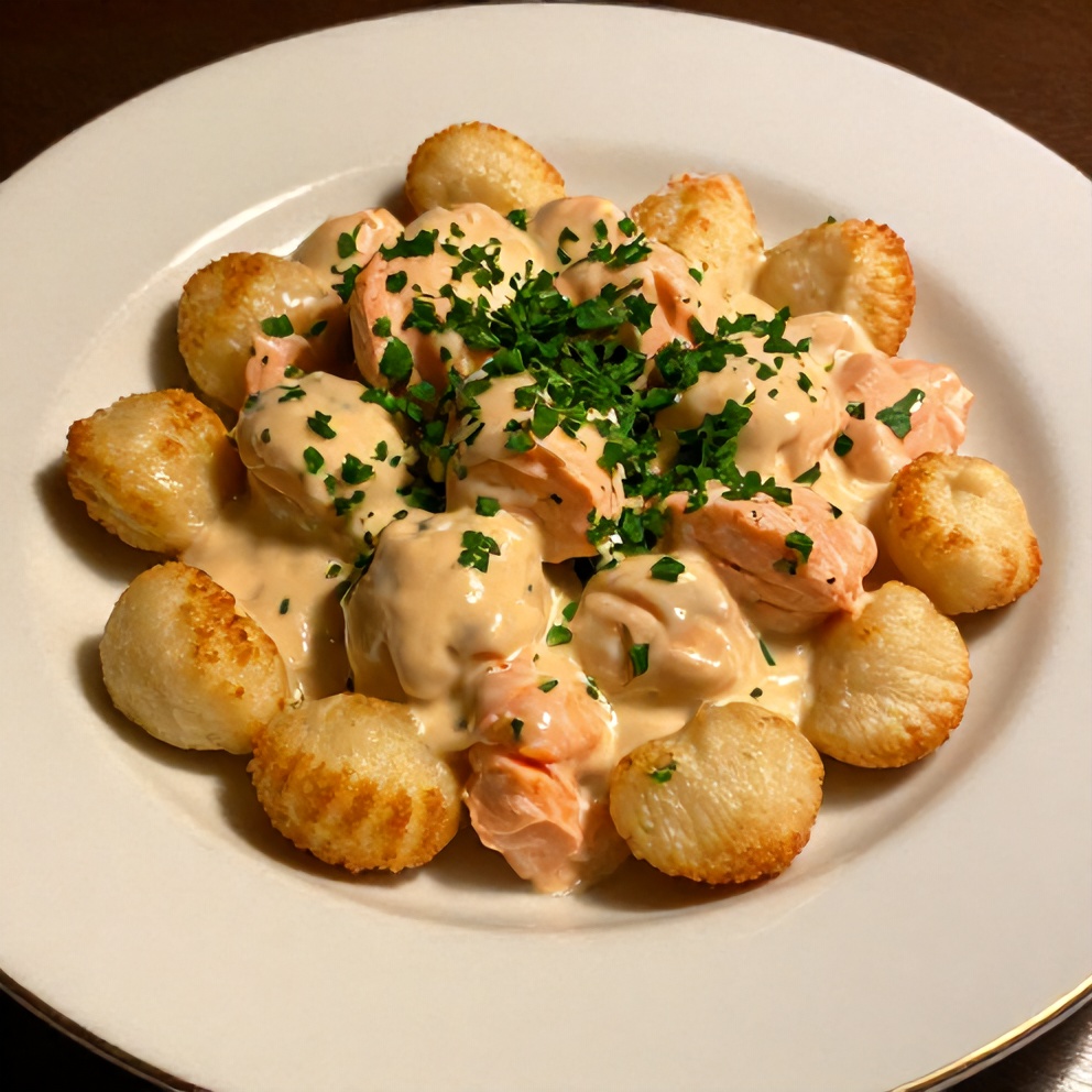 Plated creamy smoked salmon gnocchi with fresh parsley garnish