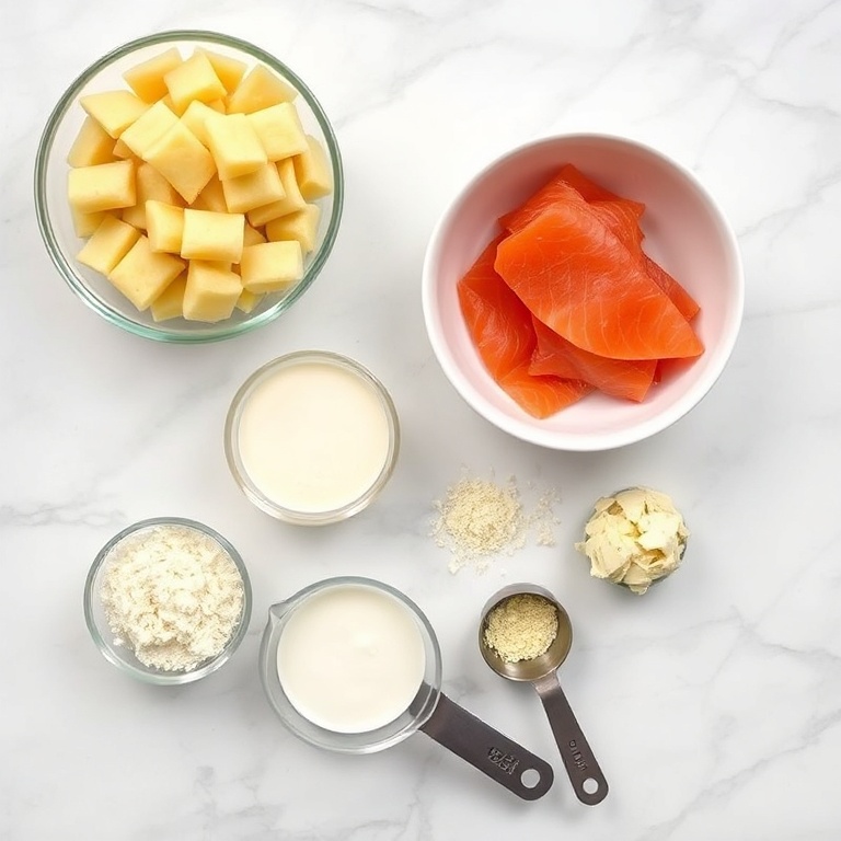Ingredients for creamy smoked salmon gnocchi laid out on a marble surface