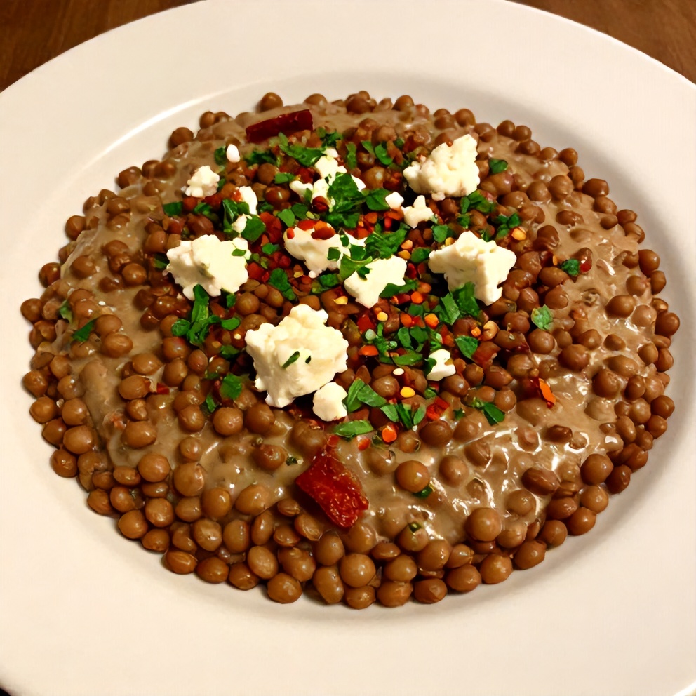 Creamy Sundried Tomato Lentils plated with a garnish of fresh parsley