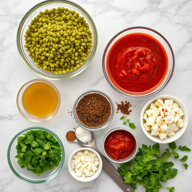 Raw ingredients for creamy sundried tomato lentils on a marble surface