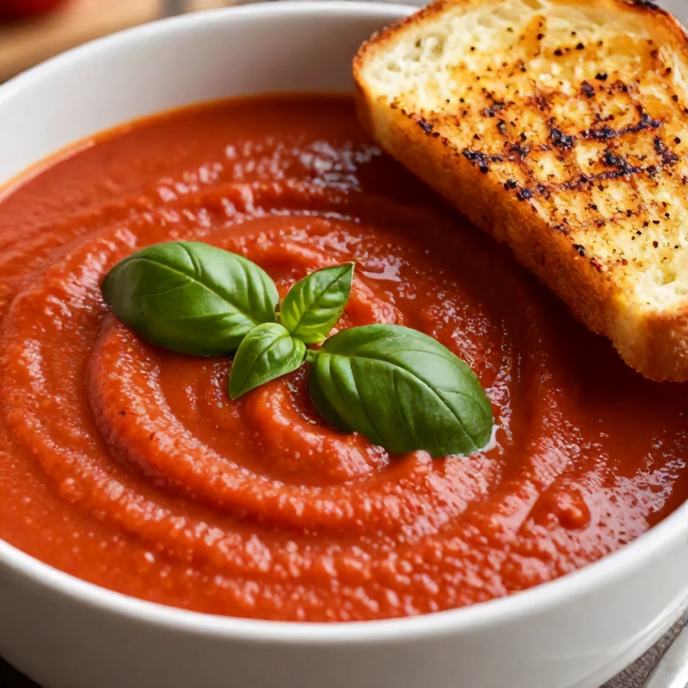 Bowl of creamy tomato soup with a sprinkle of basil and a side of grilled cheese