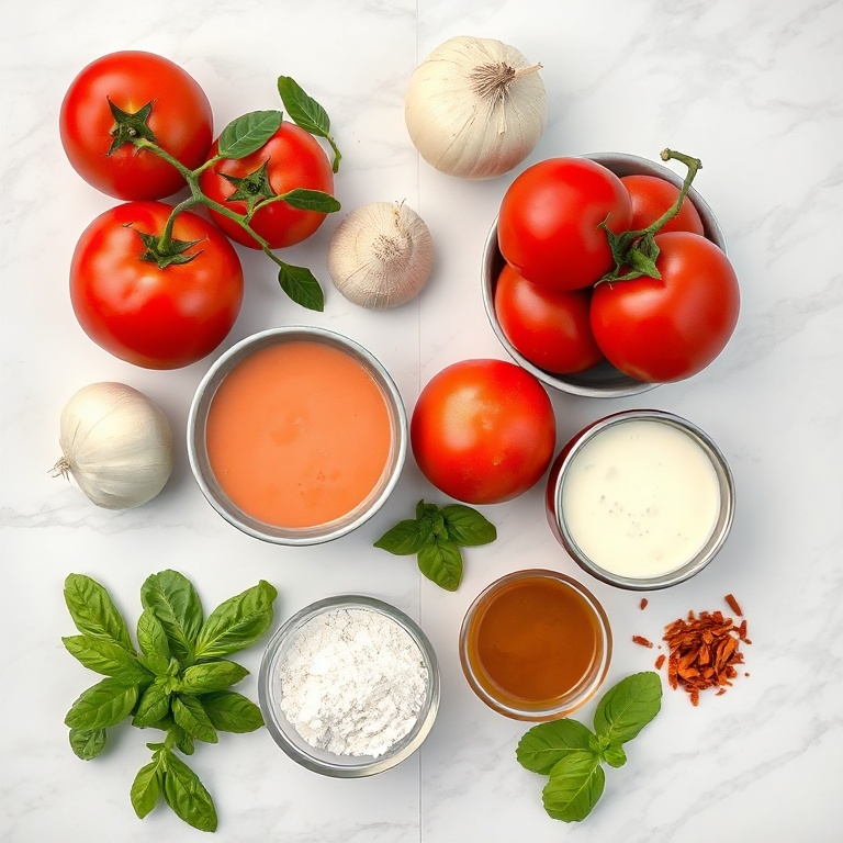 Fresh tomatoes, onion, garlic, canned tomatoes, and heavy cream laid out on a wooden board