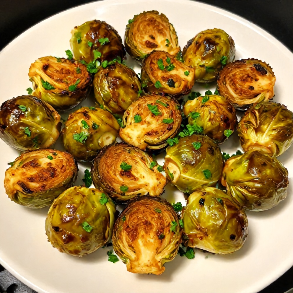 Plated Air Fryer Brussels Sprouts with Honey and Spice