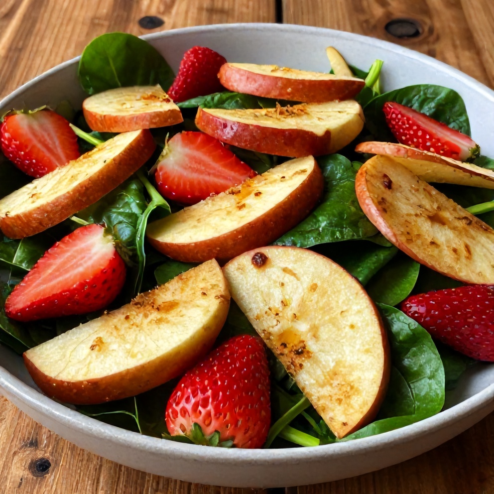 Plated serving of Crispy Apple Strawberry Salad with fresh greens and a tangy dressing
