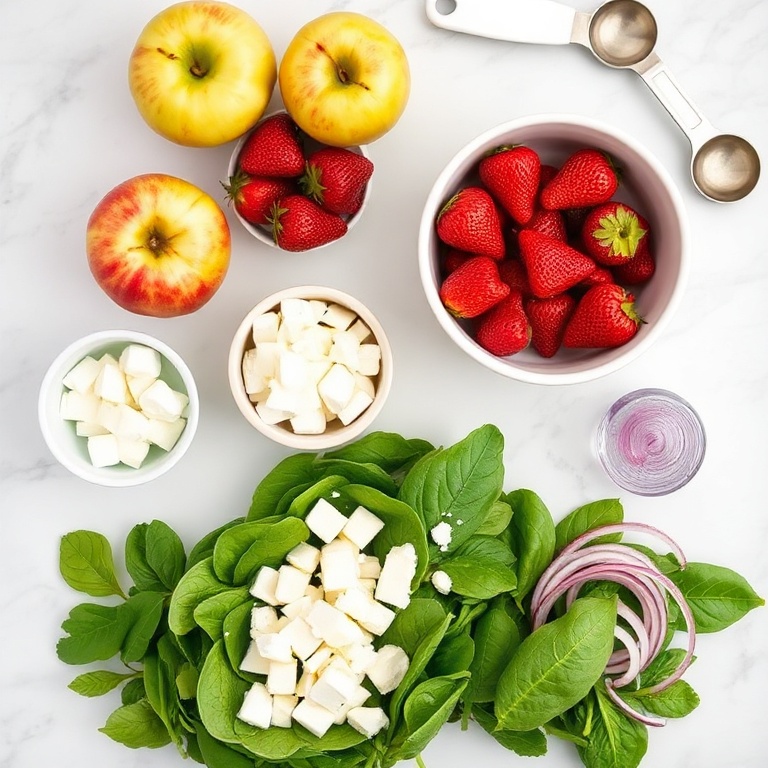Raw ingredients for Apple Strawberry Salad including apples, strawberries, spinach, and feta