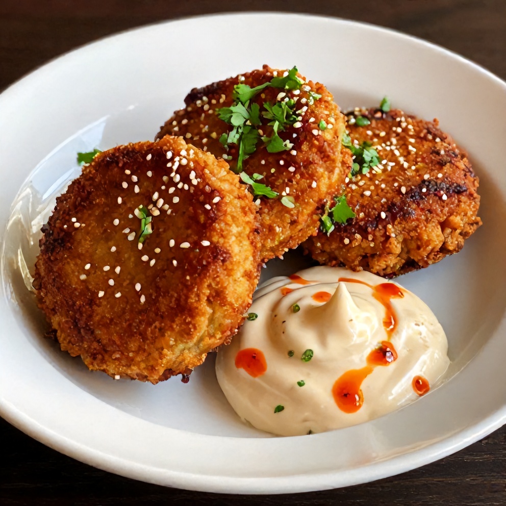 Crispy Asian Tuna Cakes with Spicy Sriracha Aioli plated